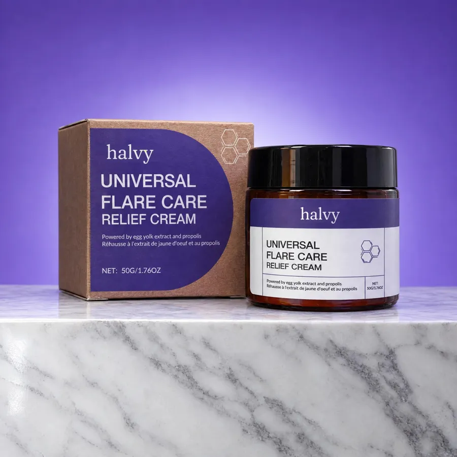 Halvy skin cream in an amber jar beside its purple and kraft box