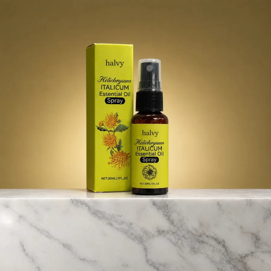 Halvy Helichrysum Italicum essential oil spray in an amber bottle beside its yellow box